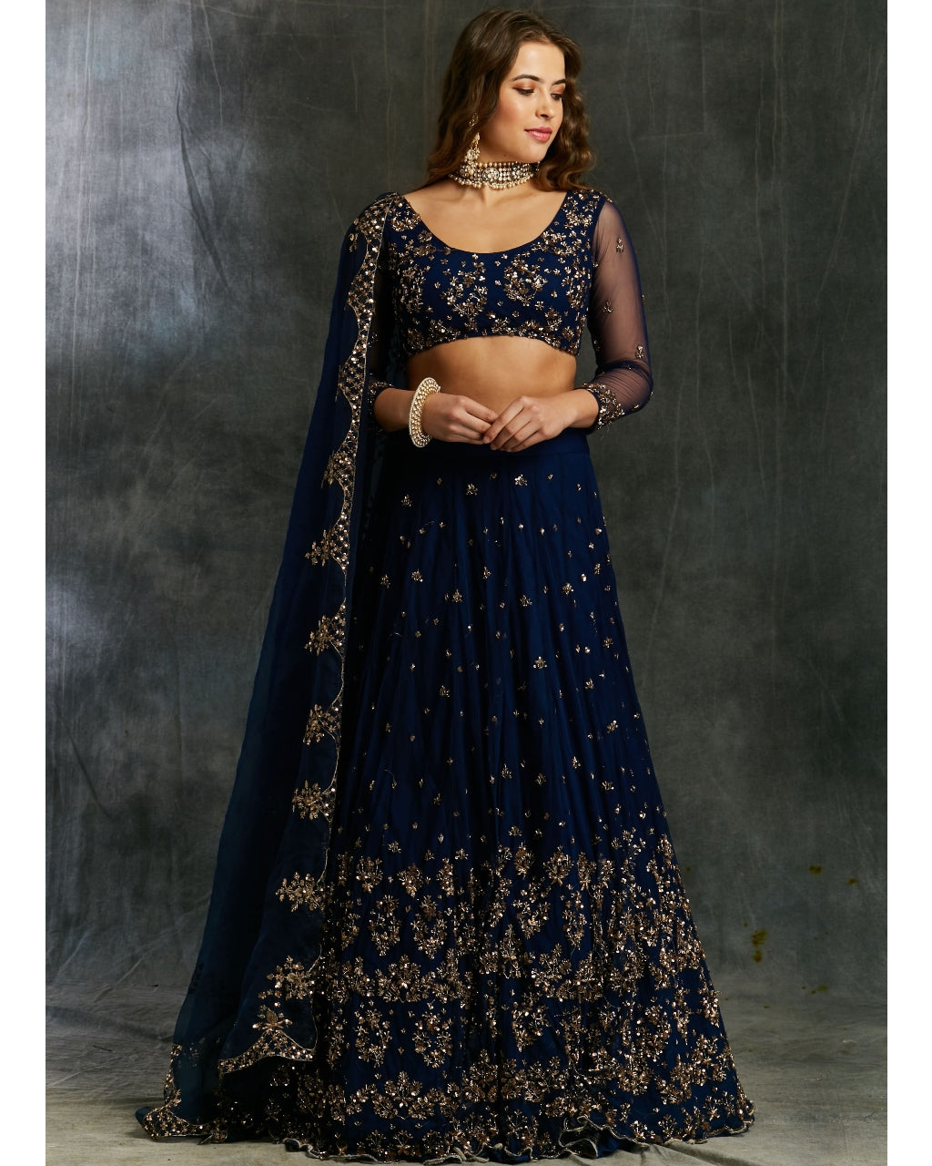 Midnight Blue Net Sequin Shimmer Lehenga