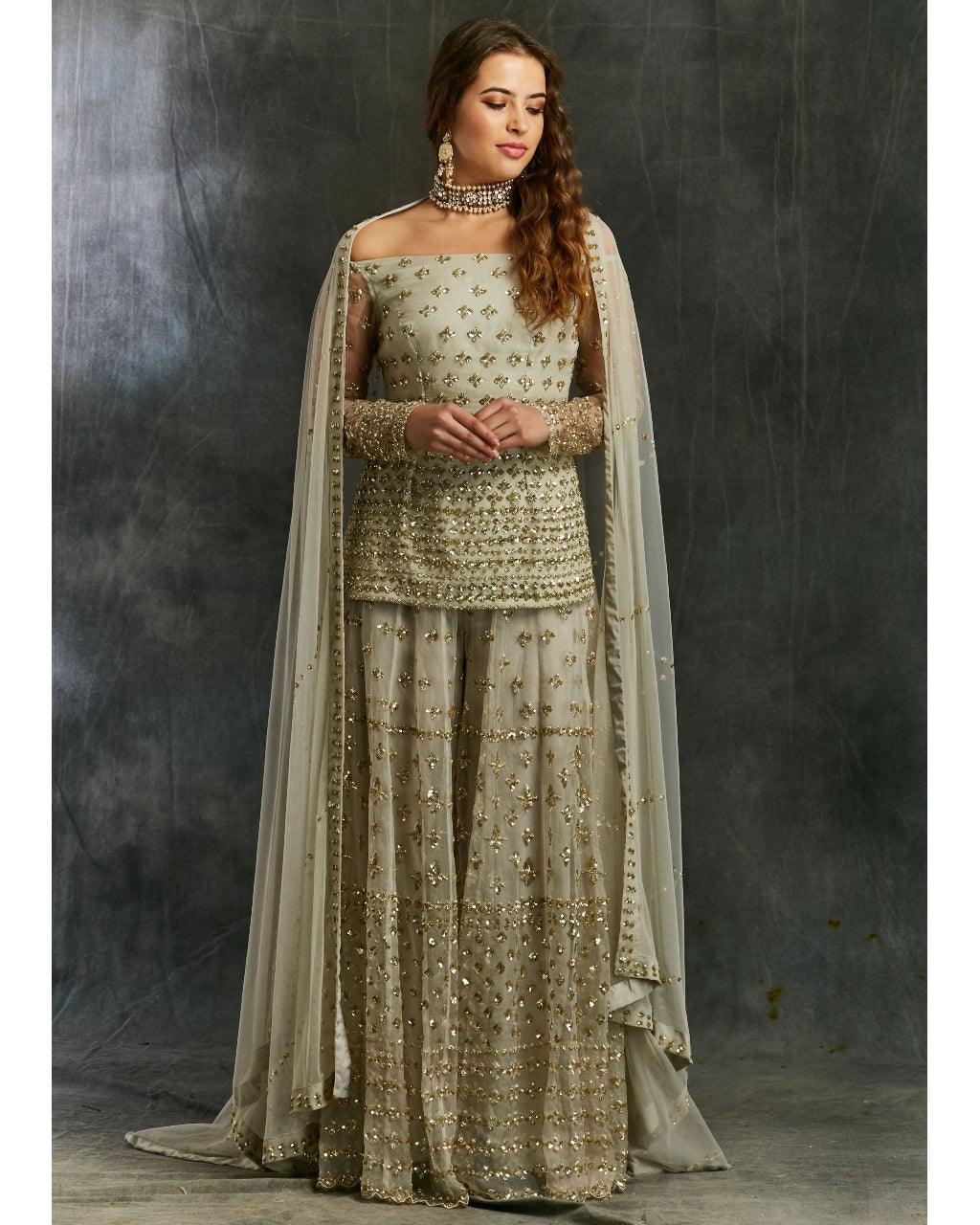 Grey Off Shoulder Kurti With Sharara Set