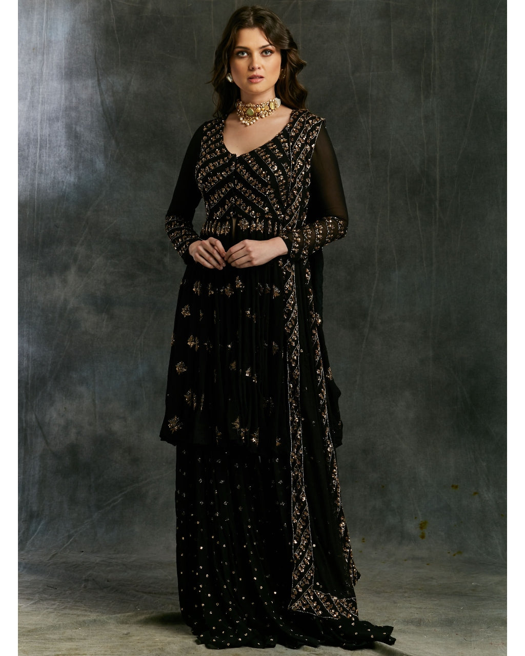 Black And Gold Georgette Jacket Sharara