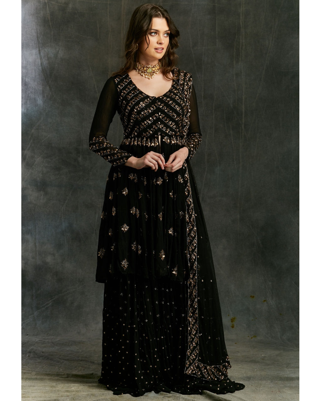 Black And Gold Georgette Jacket Sharara