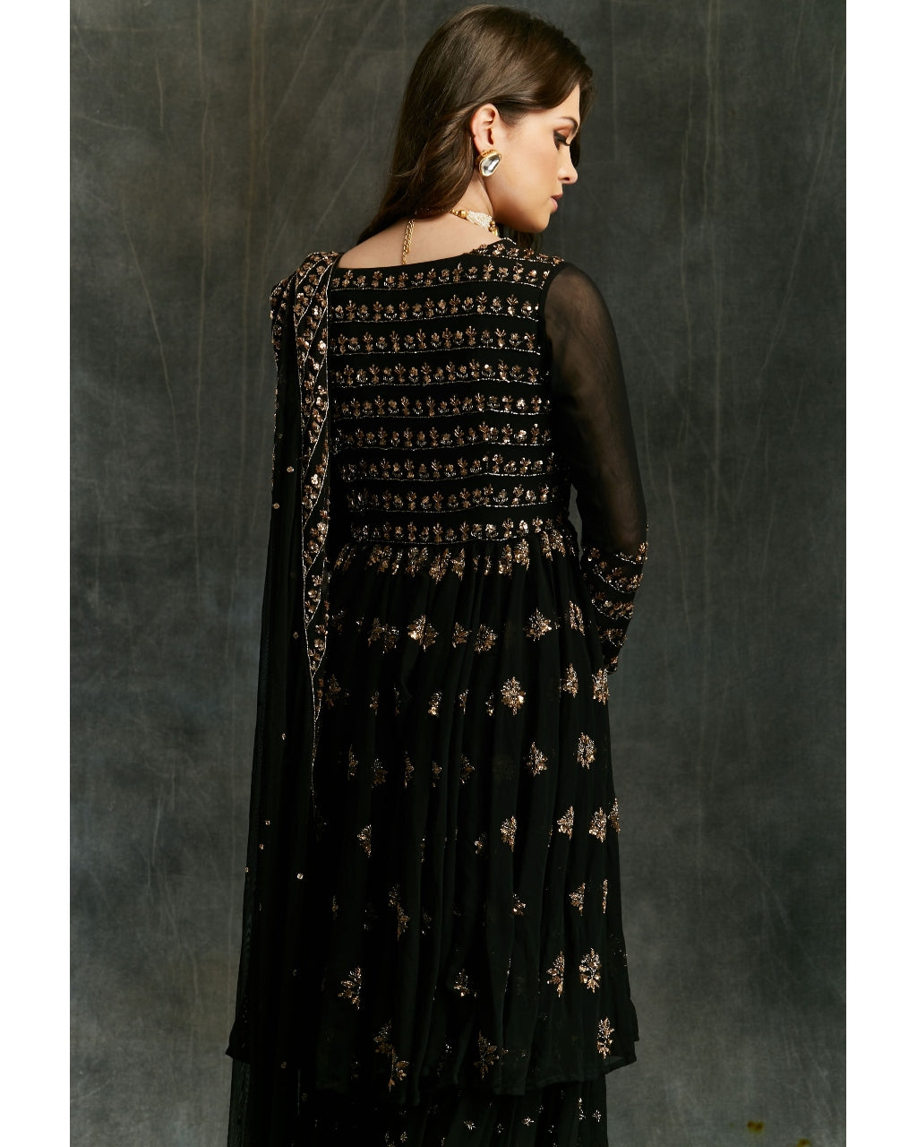 Black And Gold Georgette Jacket Sharara