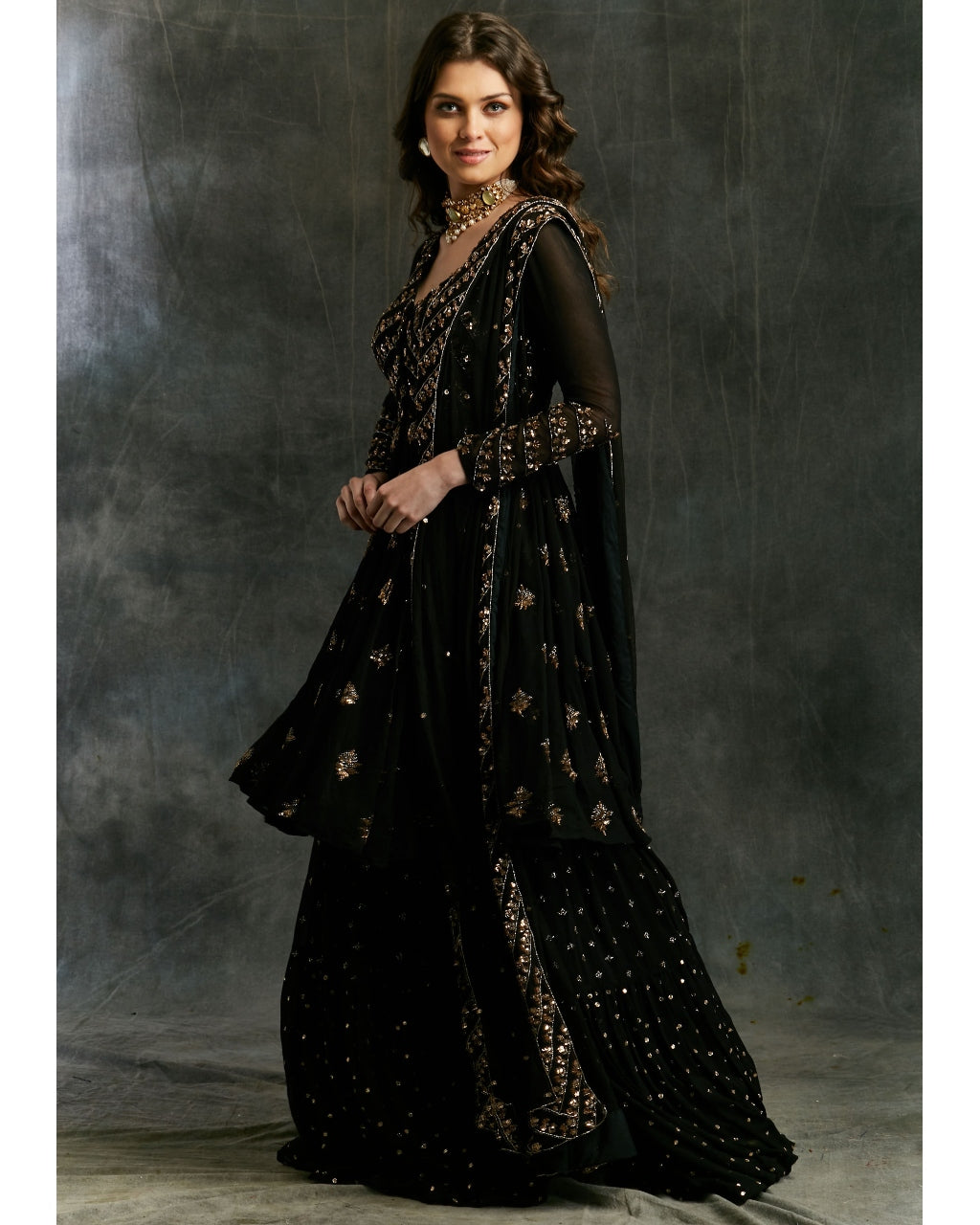 Black And Gold Georgette Jacket Sharara