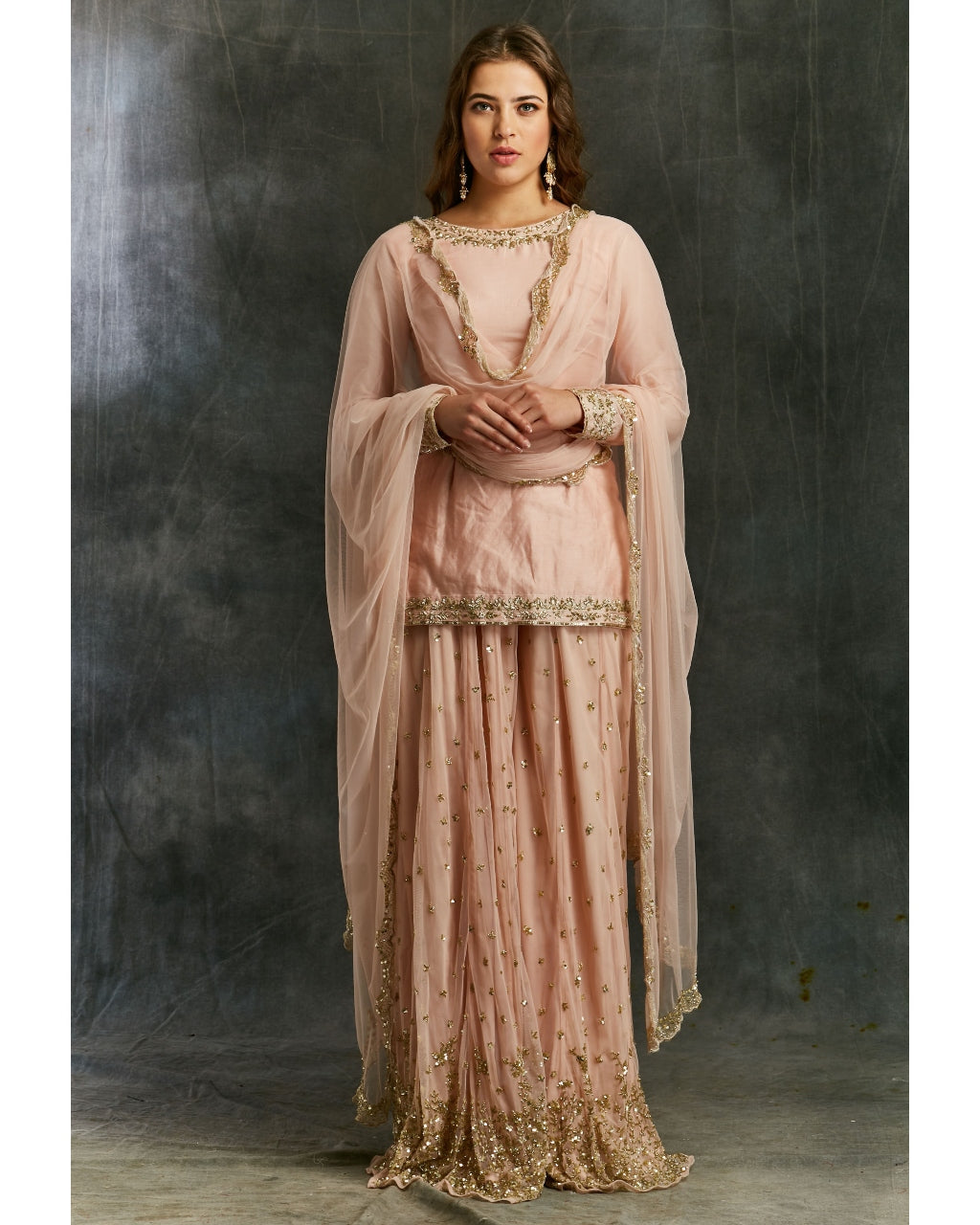 Pink Silk Kurta With Shimmer Sharara