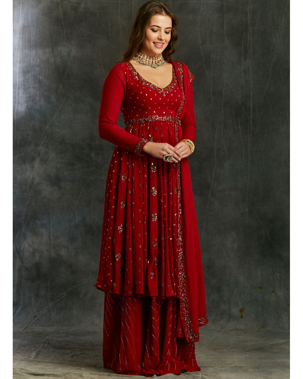 Red Georgette Anarkali With Sharara