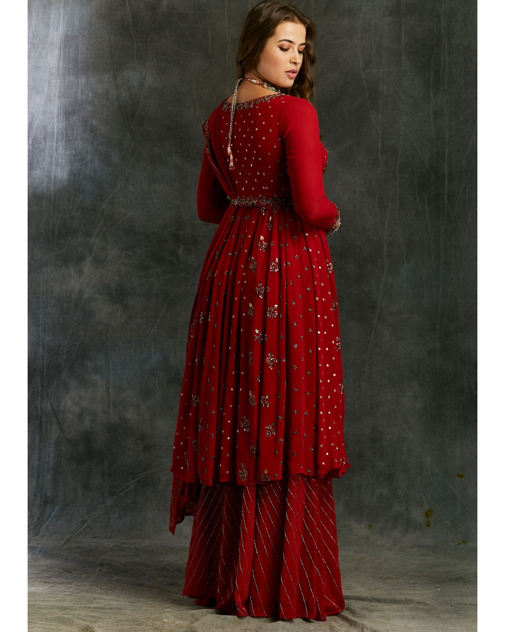 Red Georgette Anarkali With Sharara