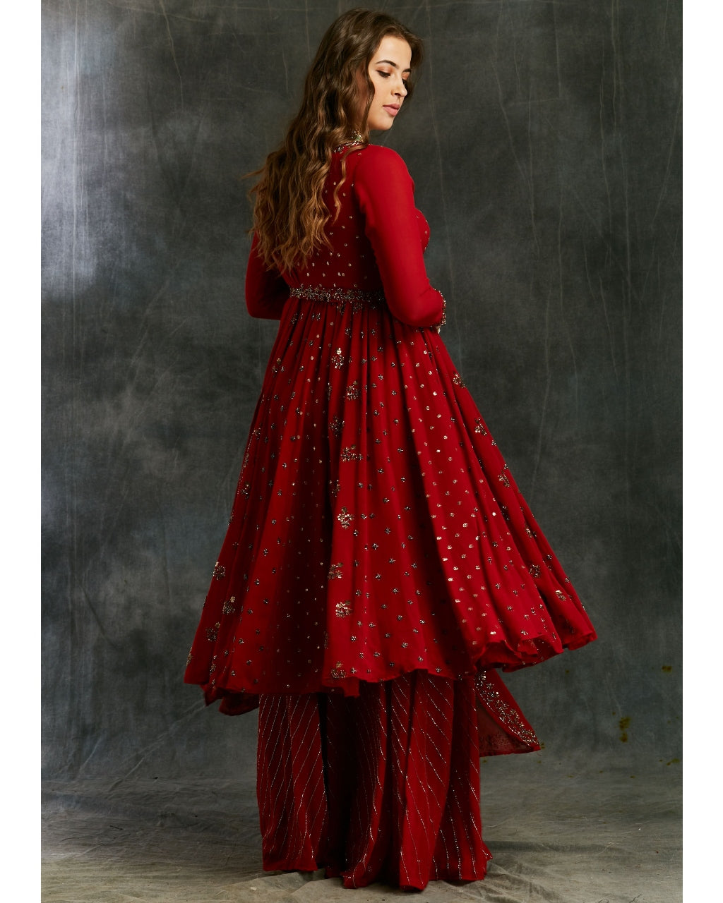 Red Georgette Anarkali With Sharara