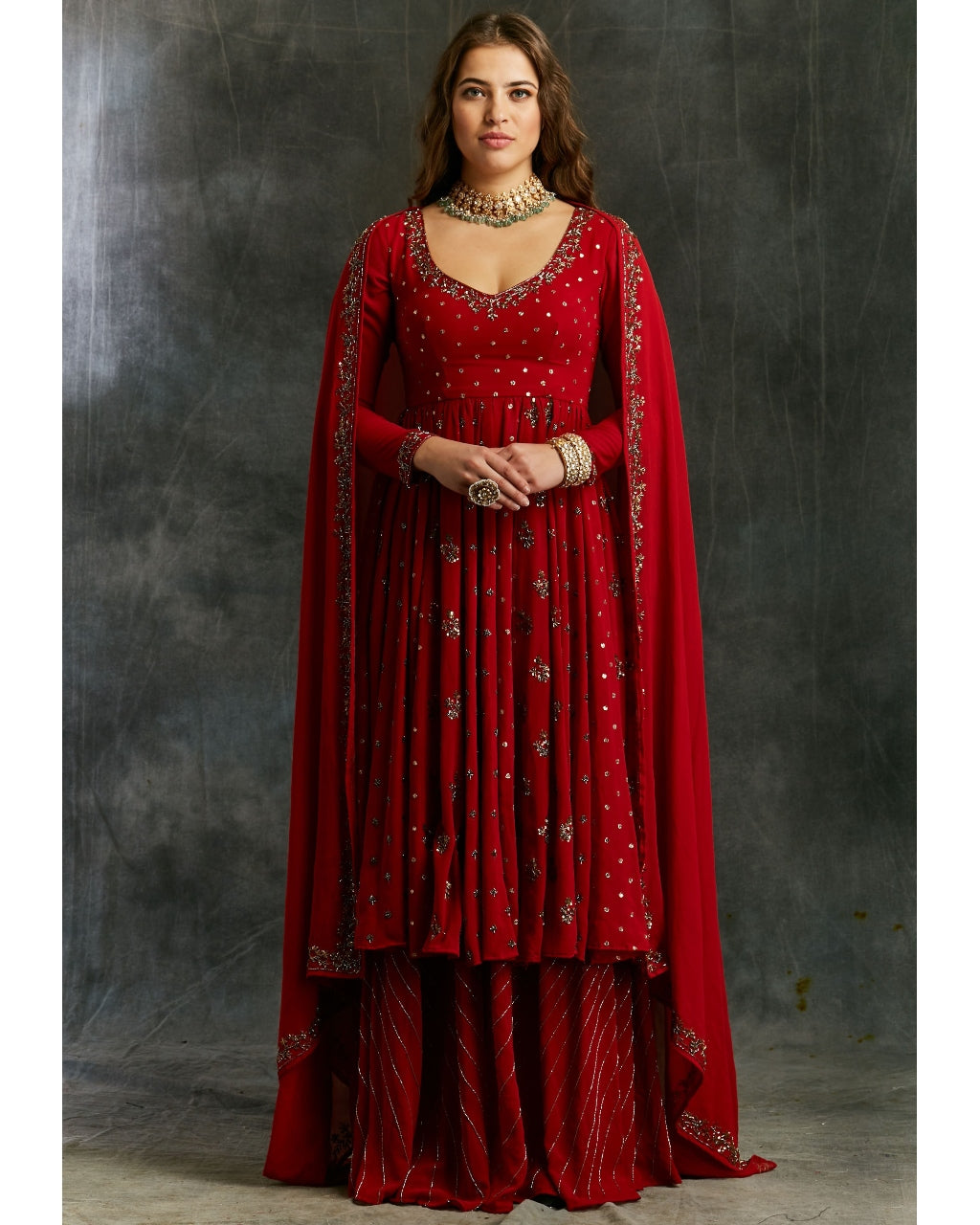 Red Georgette Anarkali With Sharara