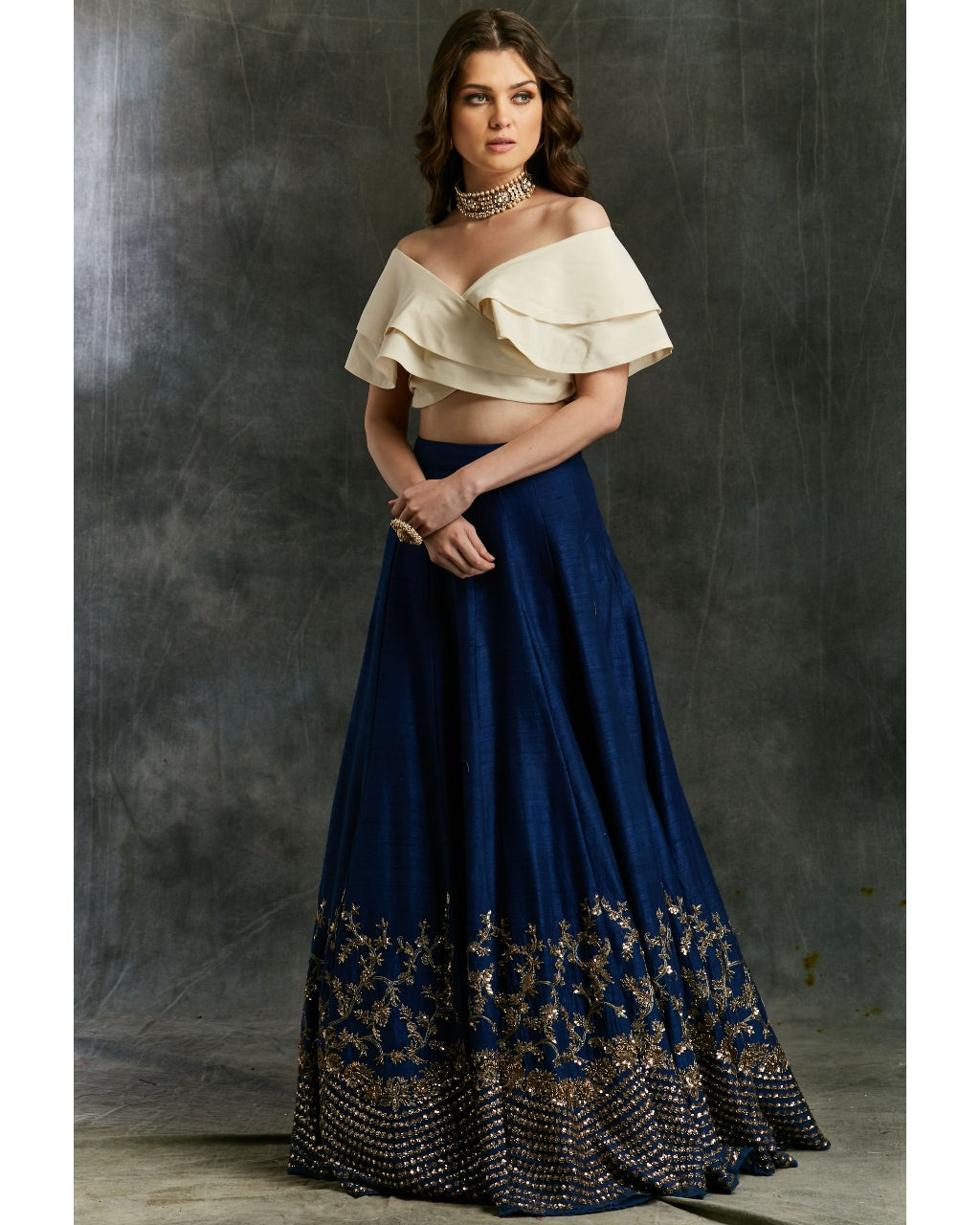 Blue Border Lehenga With Off Shoulder Wrap Crop Top