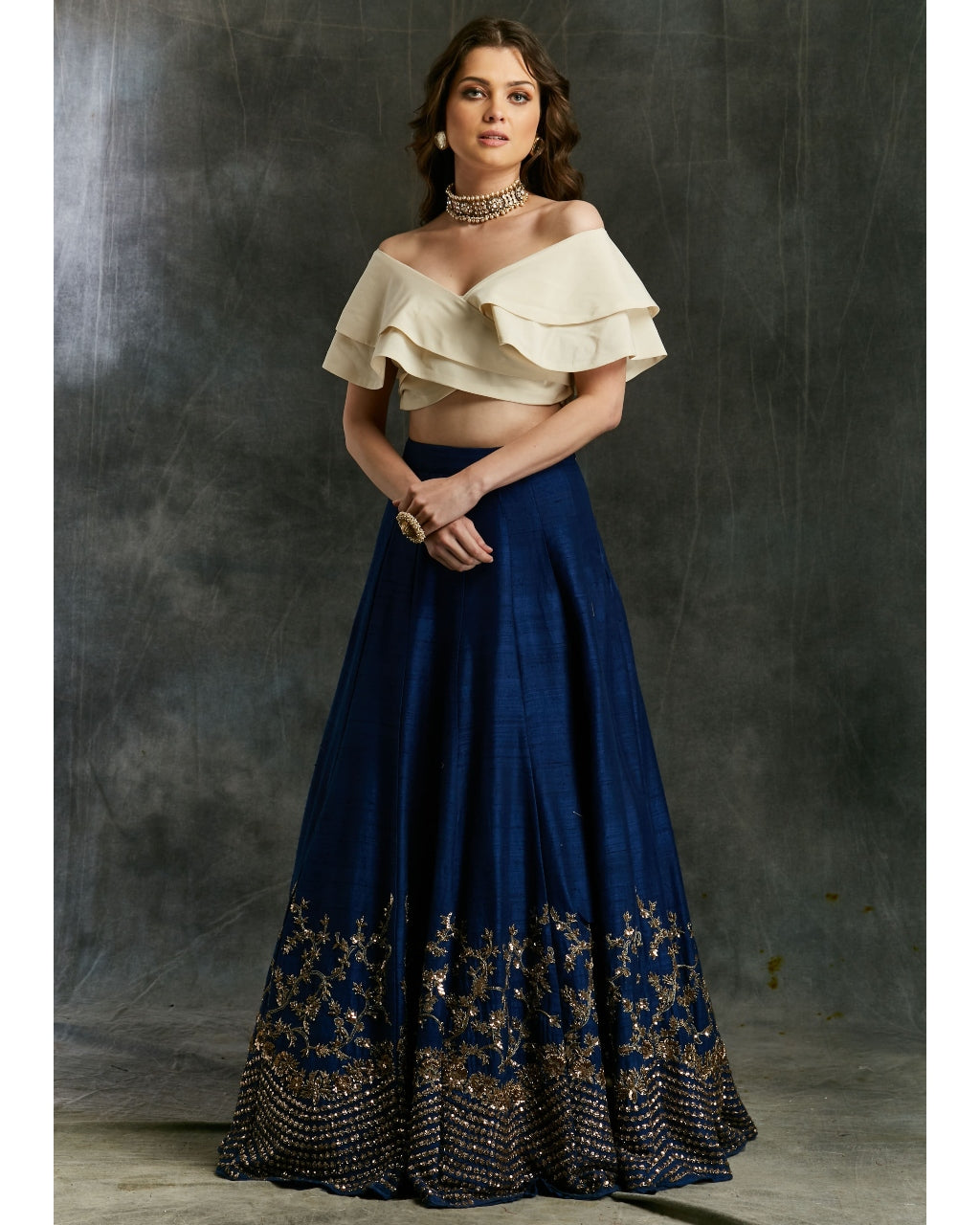 Blue Border Lehenga With Off Shoulder Wrap Crop Top