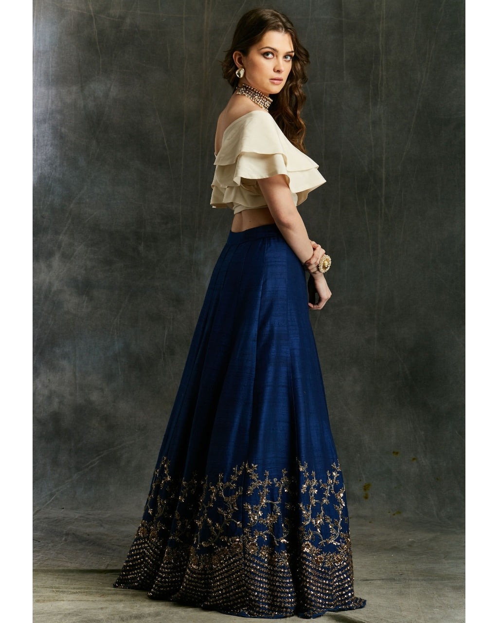 Blue Border Lehenga With Off Shoulder Wrap Crop Top