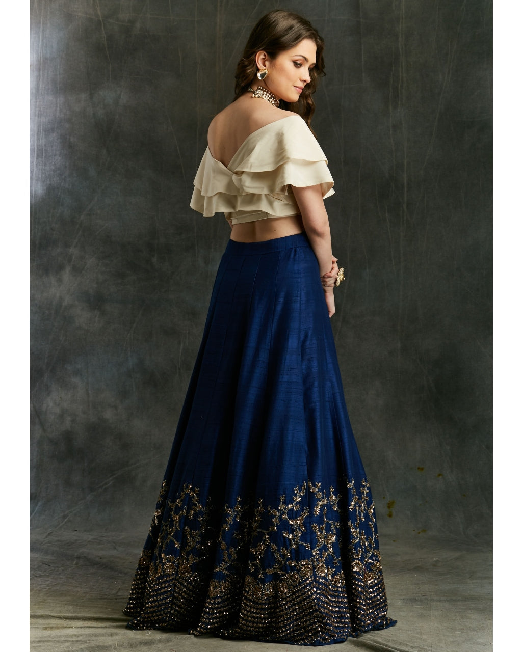 Blue Border Lehenga With Off Shoulder Wrap Crop Top