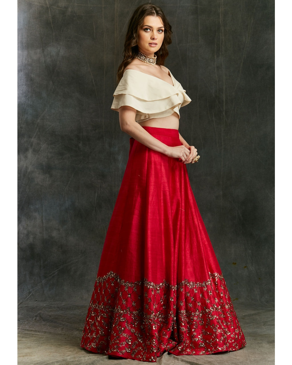 Red Border Lehenga With Off Shoulder Crop Top