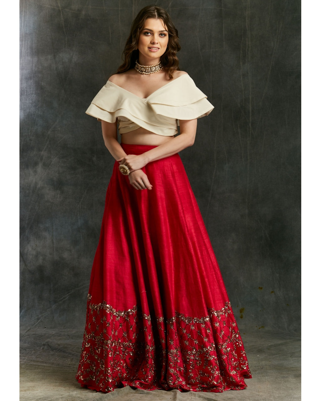 Red Border Lehenga With Off Shoulder Crop Top