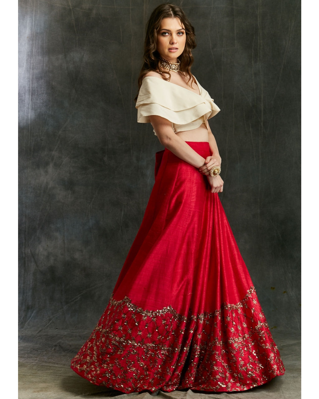 Red Border Lehenga With Off Shoulder Crop Top