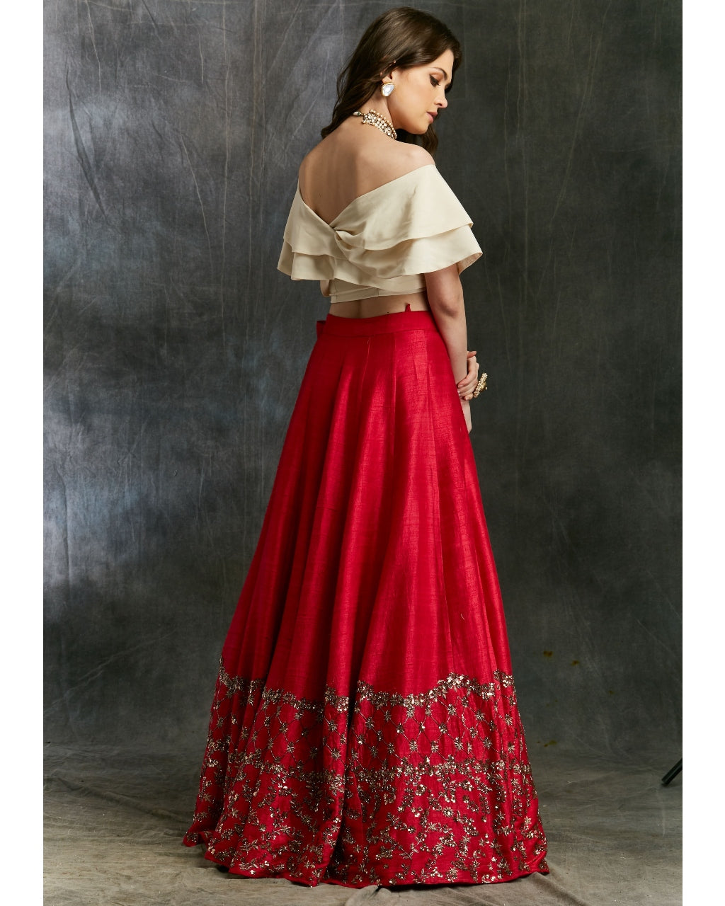 Red Border Lehenga With Off Shoulder Crop Top