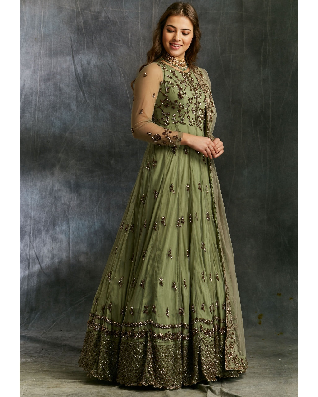 Olive Green Anarkali With Dupatta And Belt