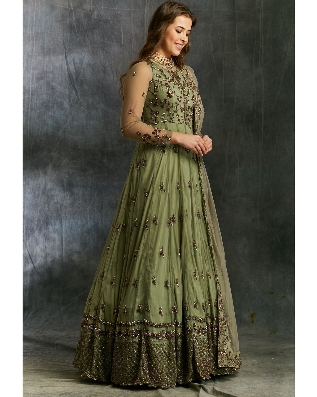 Olive Green Anarkali With Dupatta And Belt | Astha Narang – KYNAH