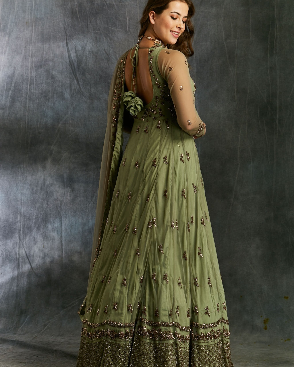 Olive Green Anarkali With Dupatta And Belt