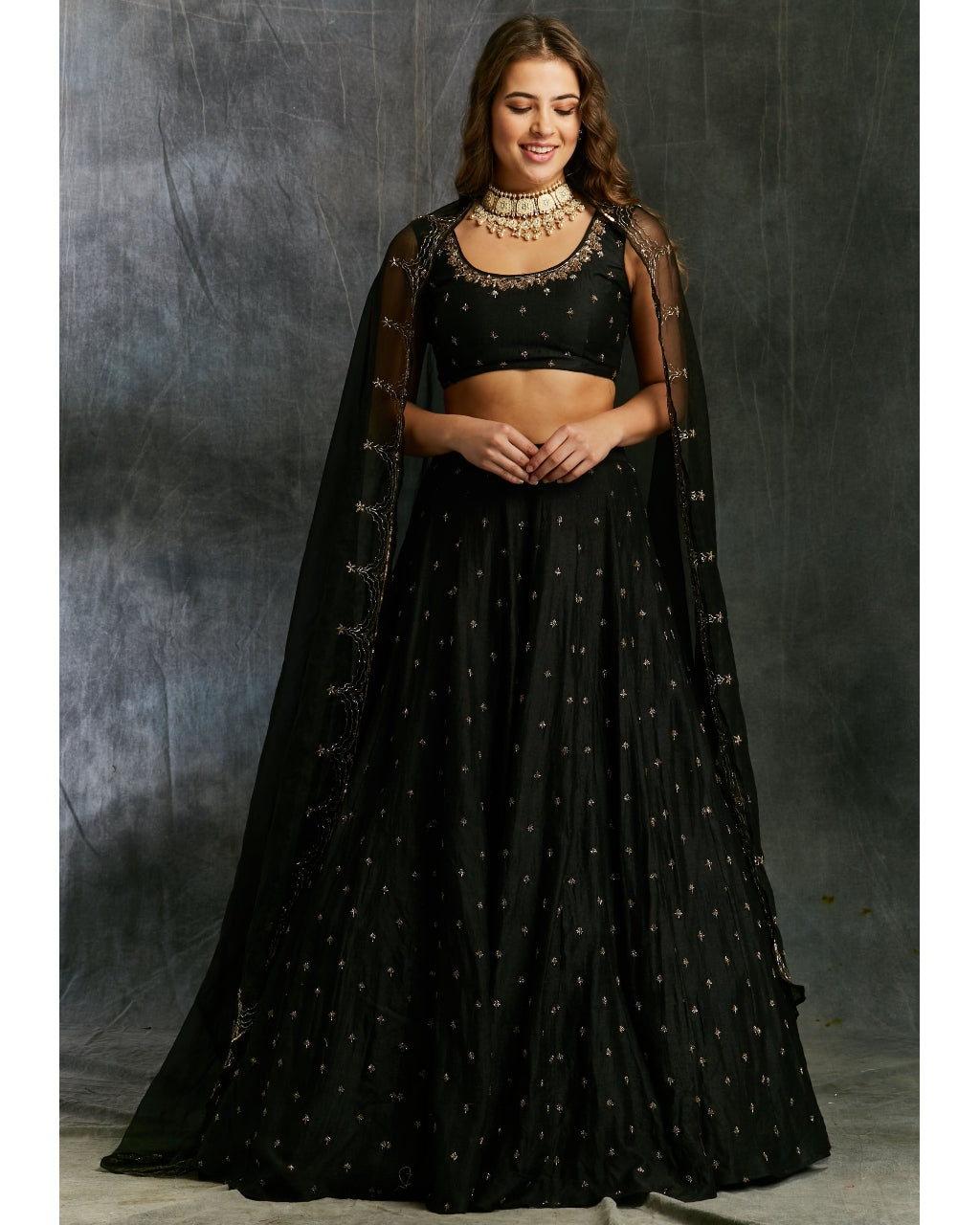 Black Silk Lehenga With Antique Work