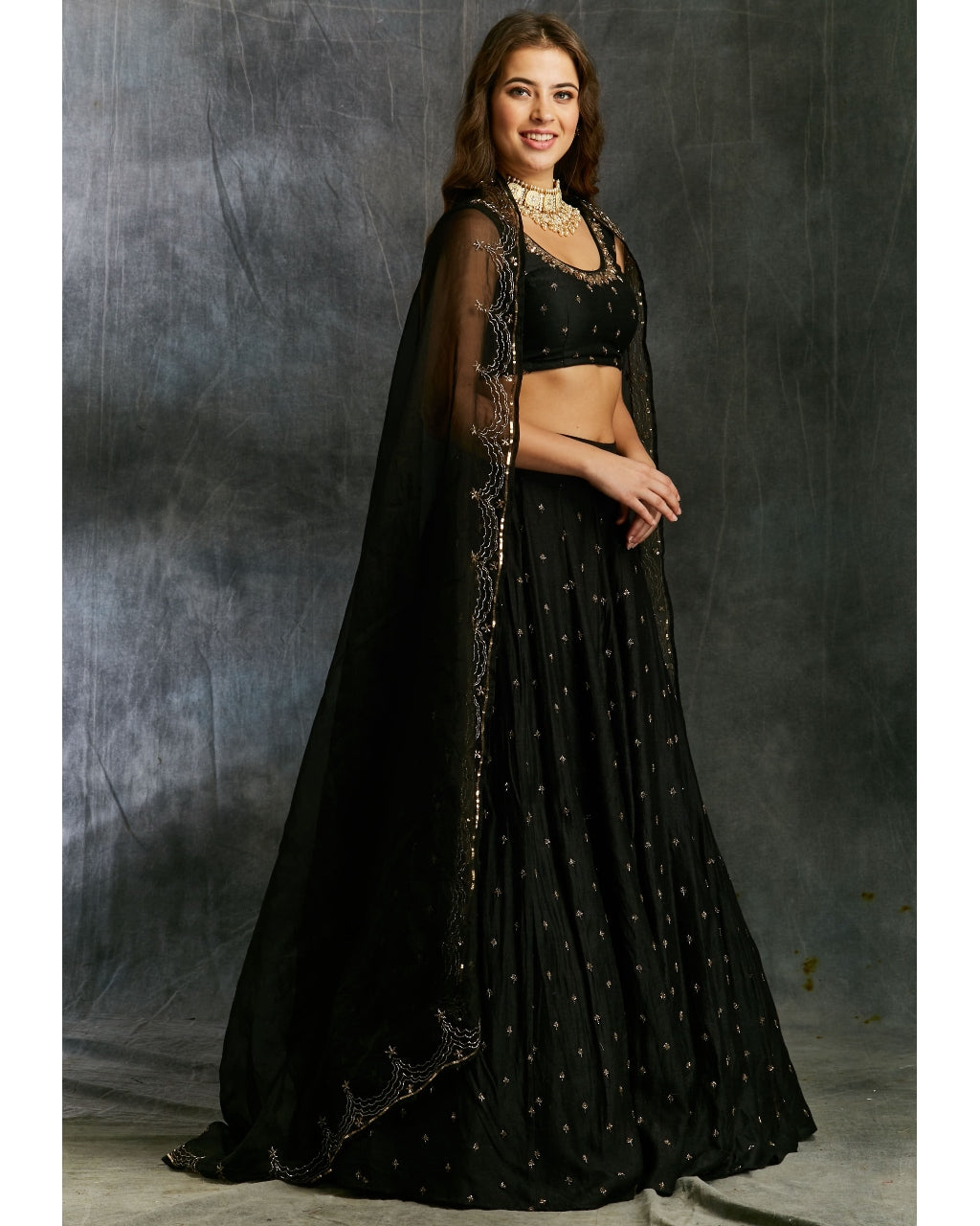 Black Silk Lehenga With Antique Work