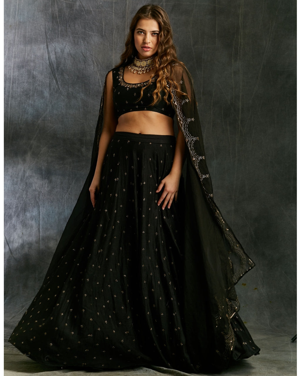 Black Silk Lehenga With Antique Work