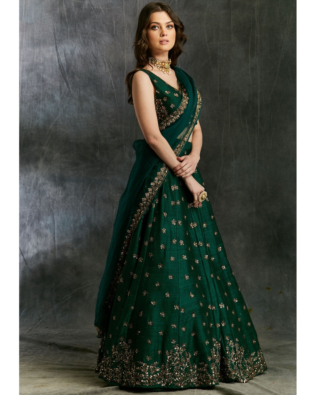 Green Emerald Lehenga With Organza Dupatta