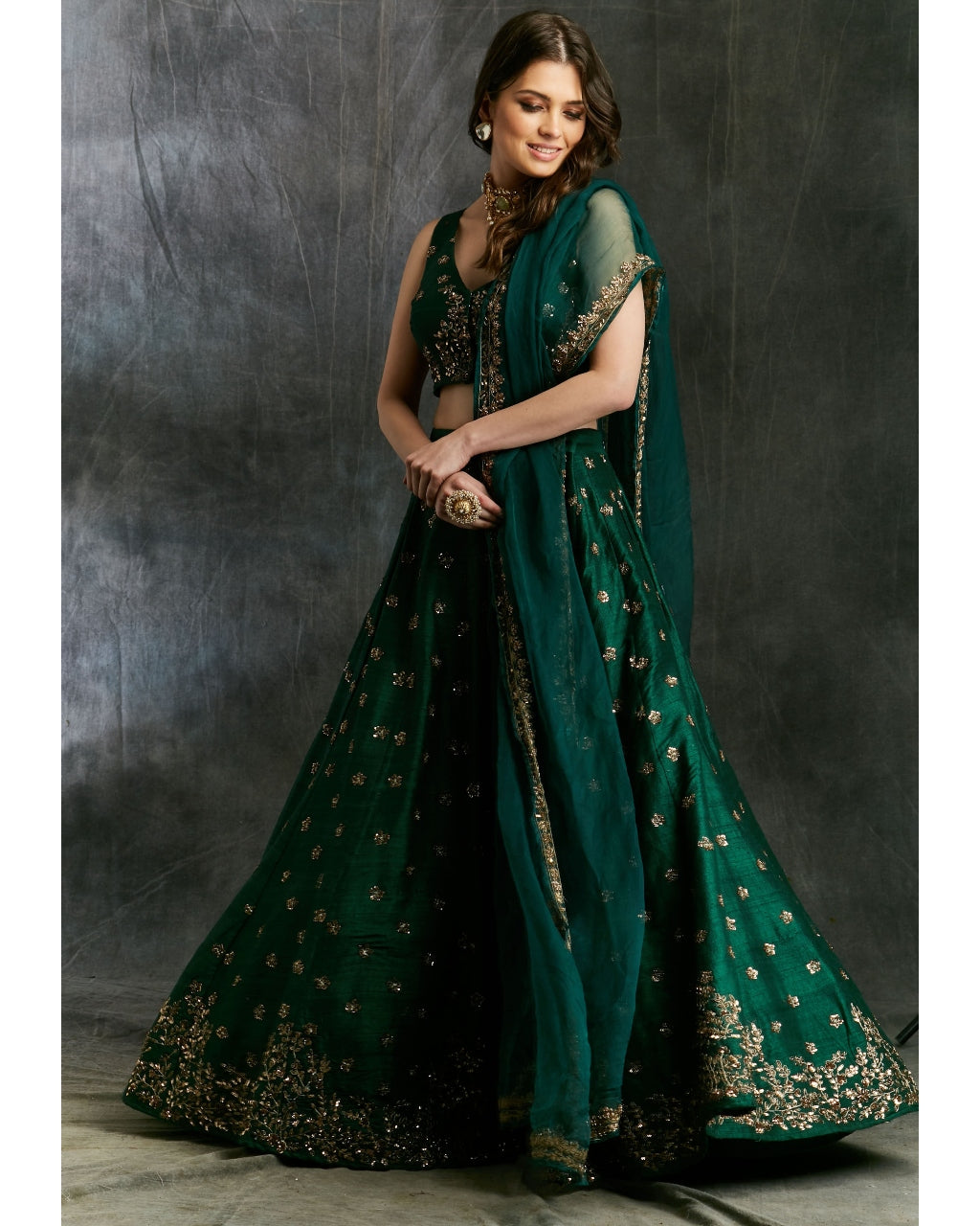 Green Emerald Lehenga With Organza Dupatta