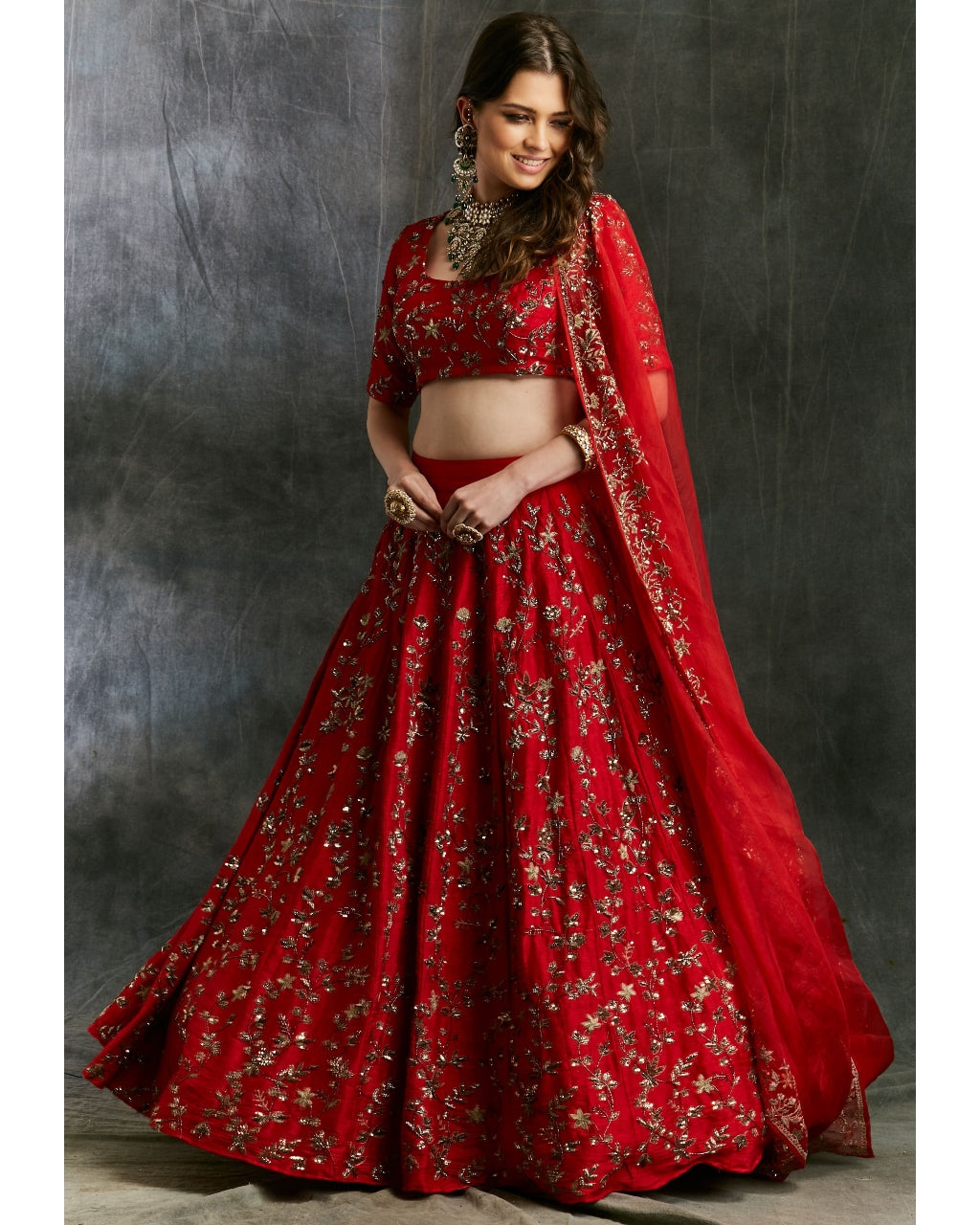 Red Floral Jaal Zari Lehenga