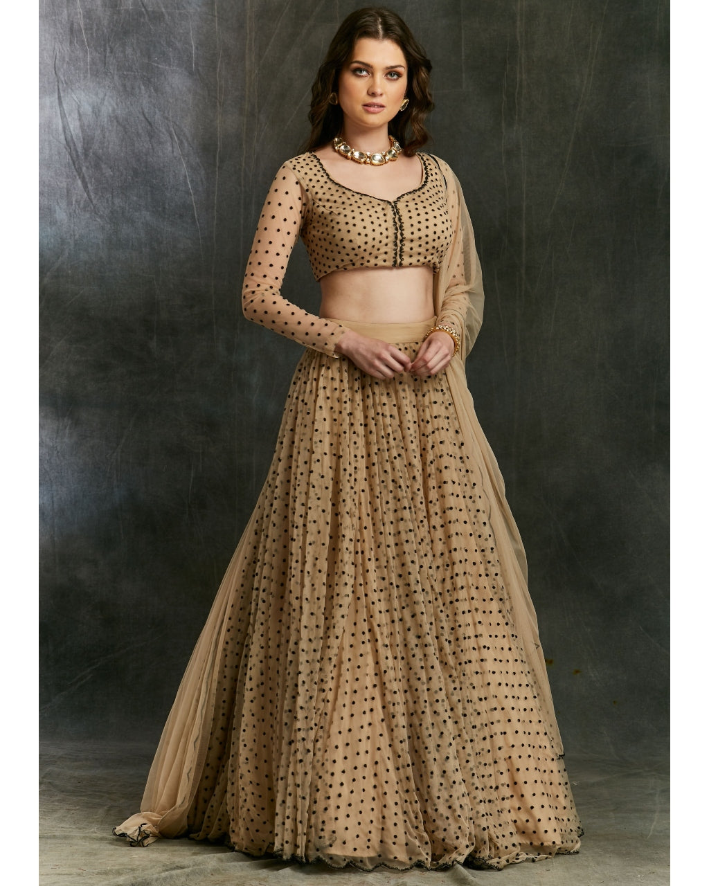 Beige And Black Polka Dotted Lehenga