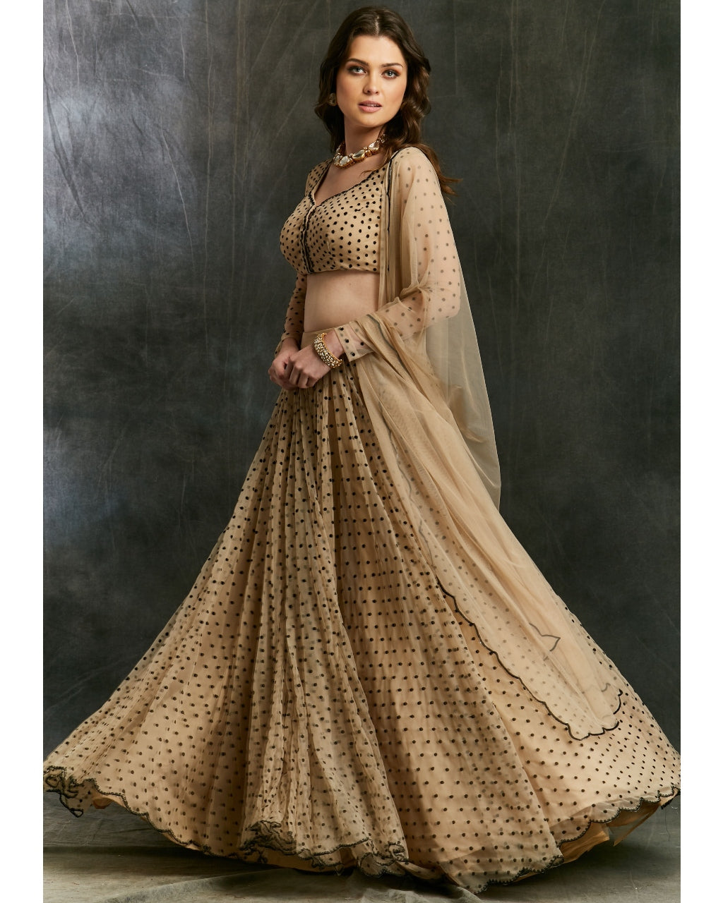 Beige And Black Polka Dotted Lehenga