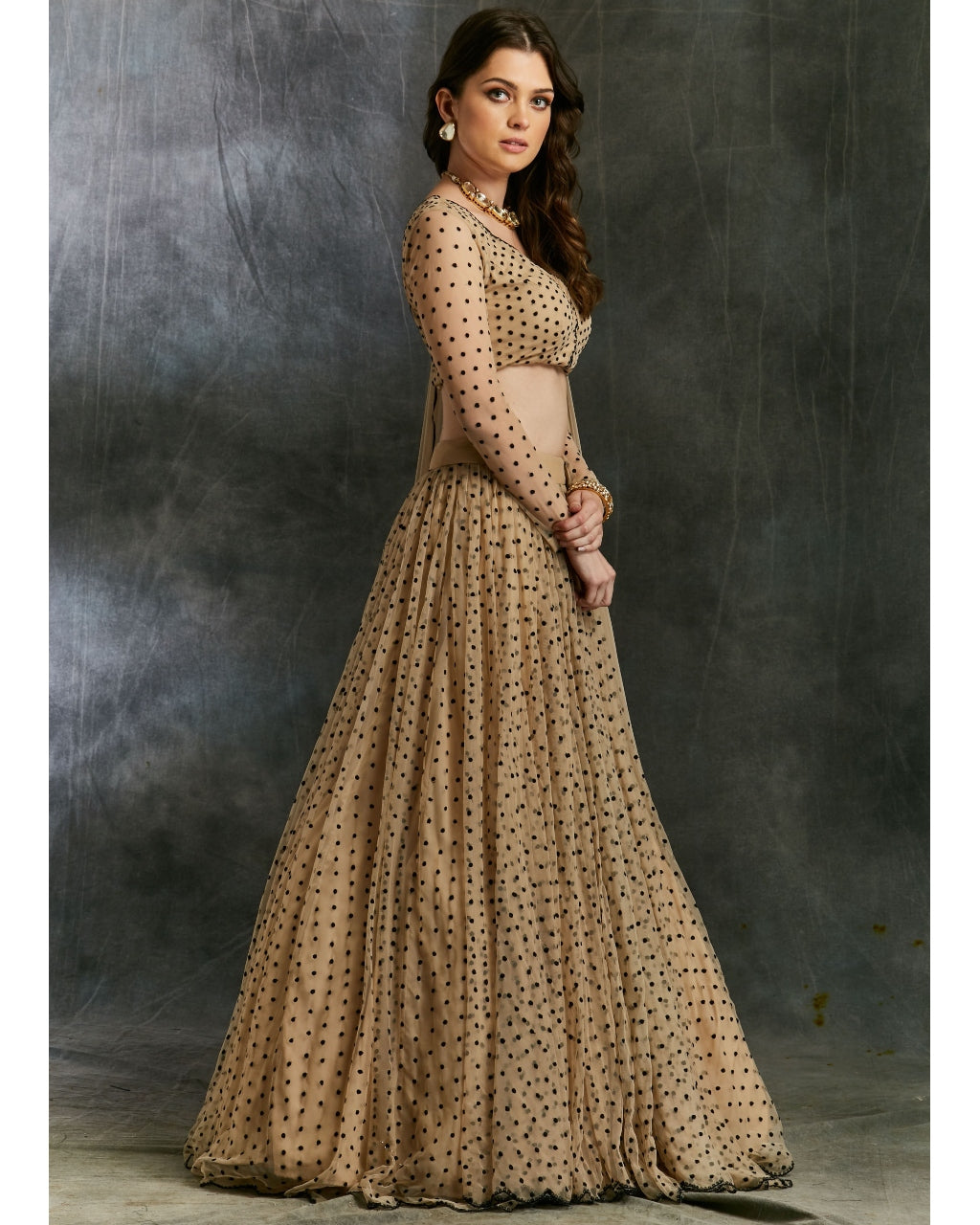 Beige And Black Polka Dotted Lehenga