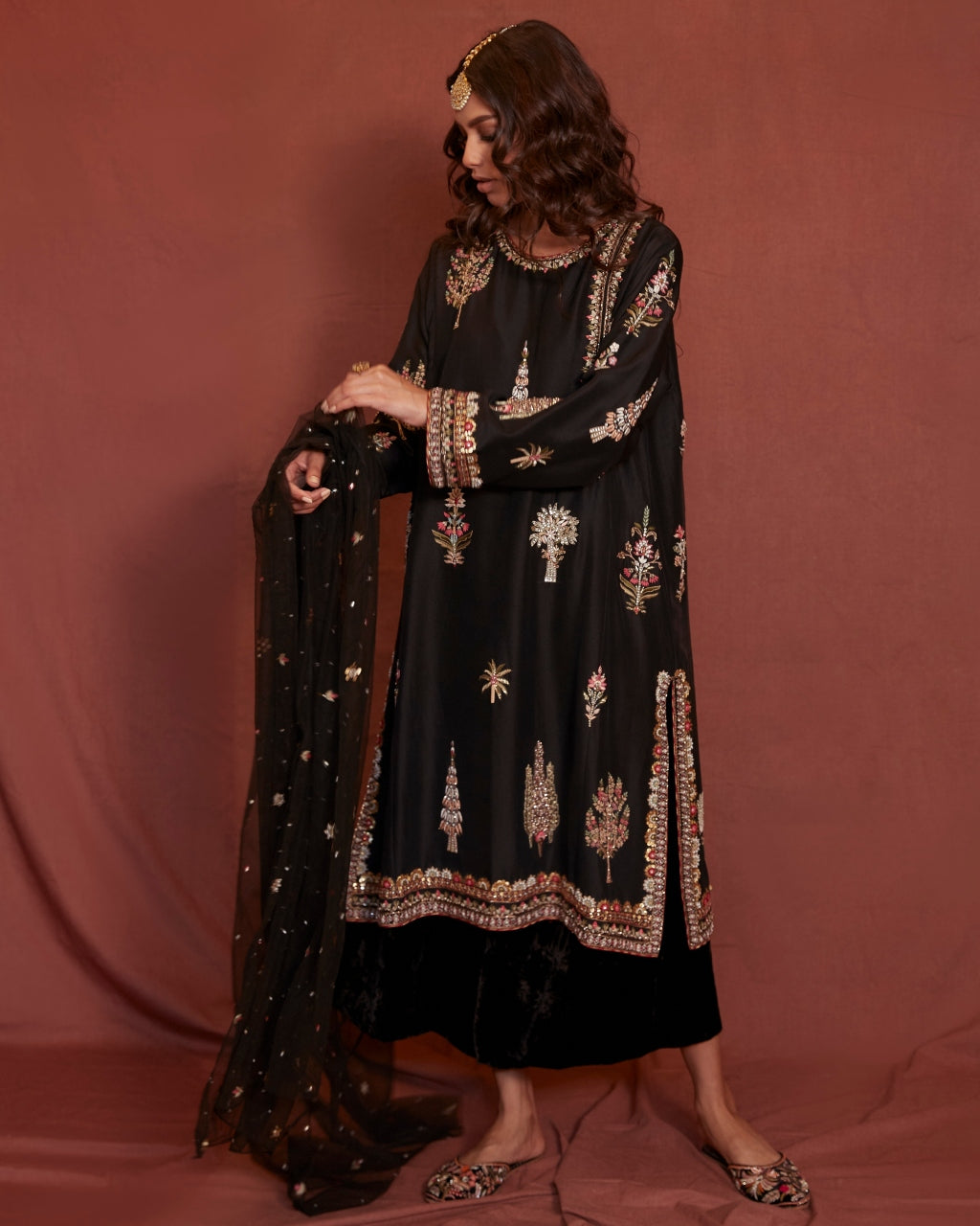 Black Raw Silk Nimr Kurta Set