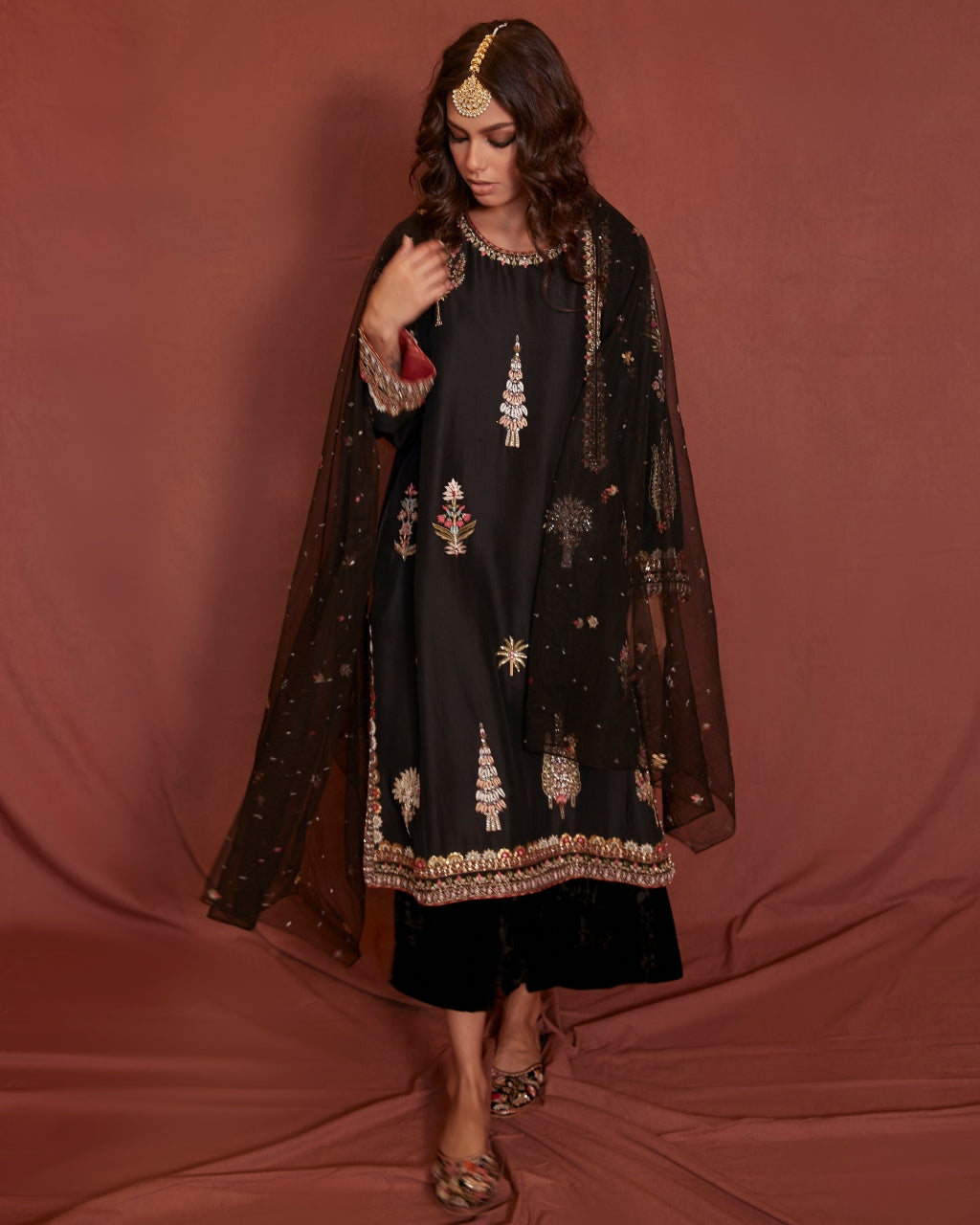 Black Raw Silk Nimr Kurta Set