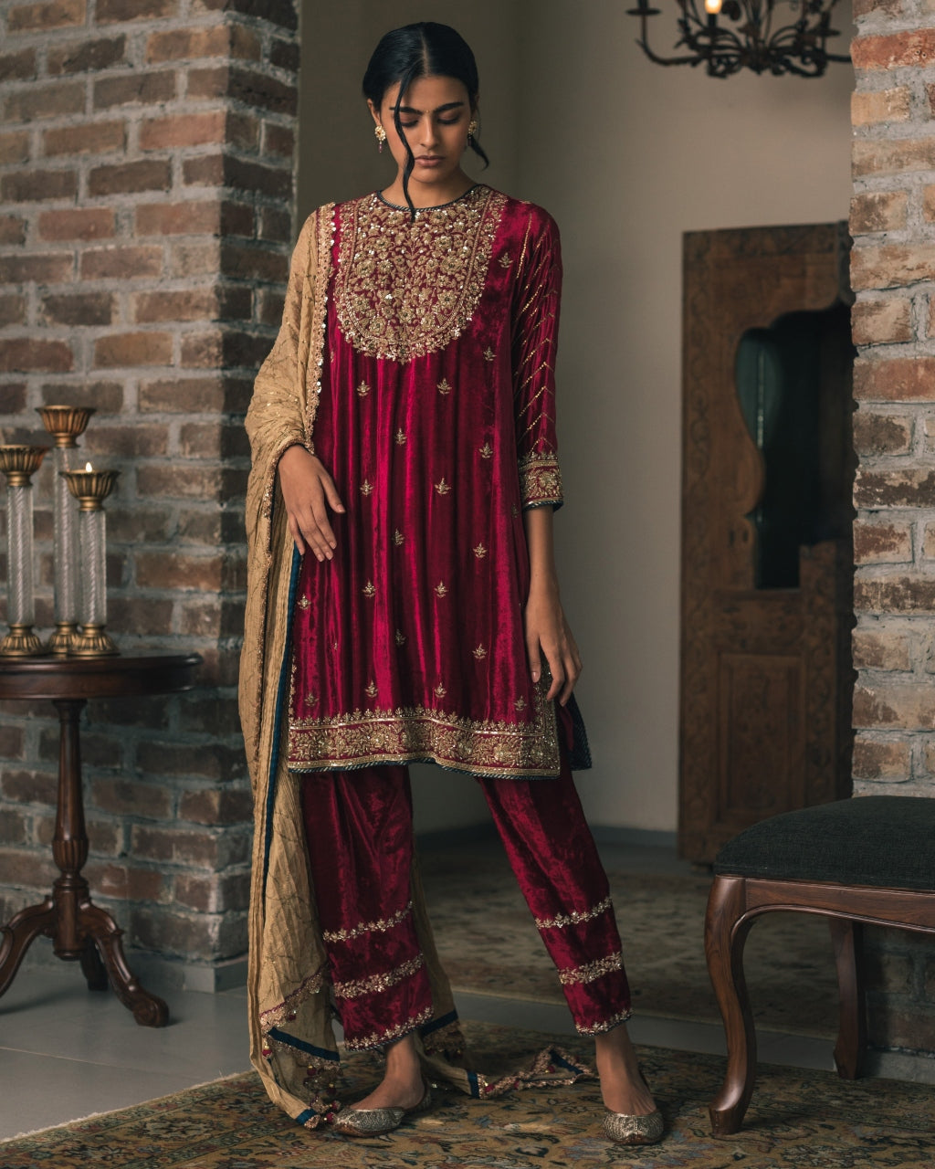 Red Three Kali Velvet Kurta Set