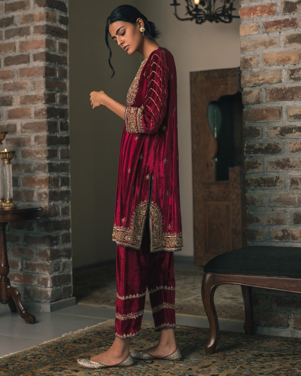 Red Three Kali Velvet Kurta Set