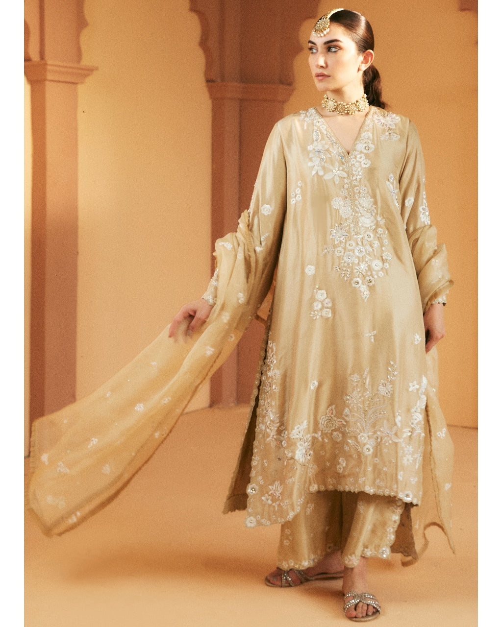 Beige Embroidered Kurta And Izaar Set