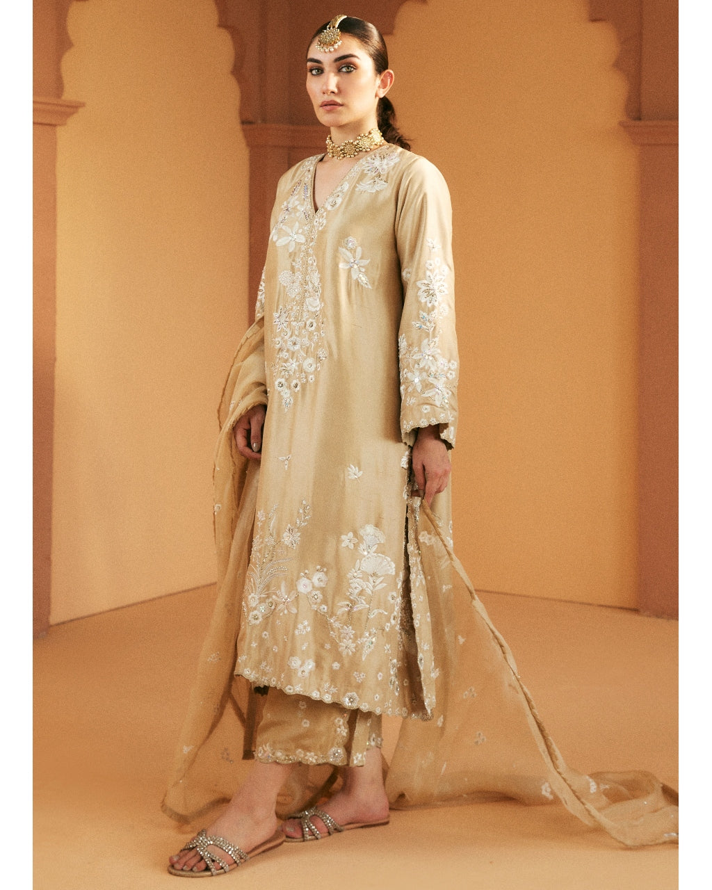 Beige Embroidered Kurta And Izaar Set