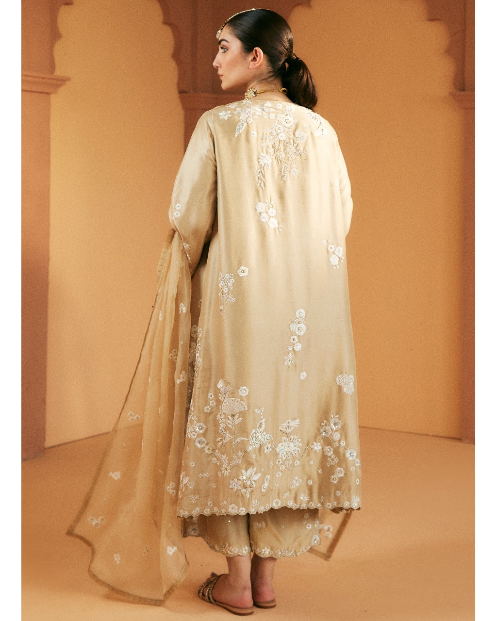 Beige Embroidered Kurta And Izaar Set