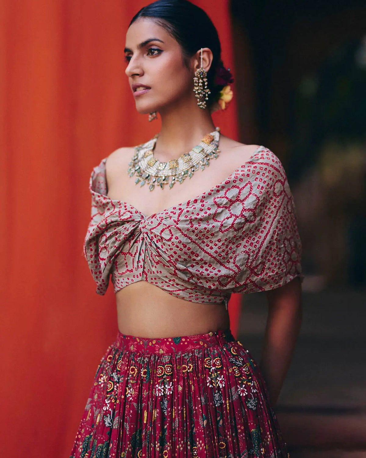 Bandhani Off Shoulder Lehenga