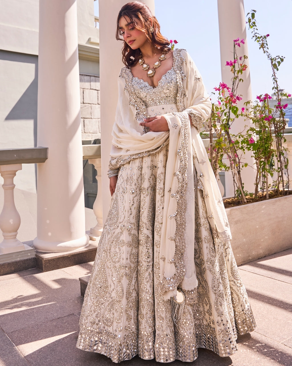 Pearl Ivory V-Neck Anarkali Set