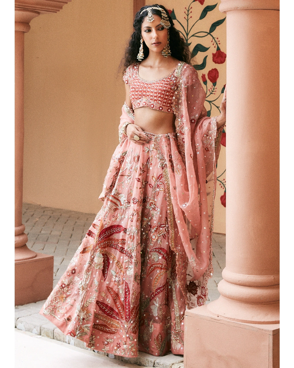 Pink Organza Embroidered Lehenga Set