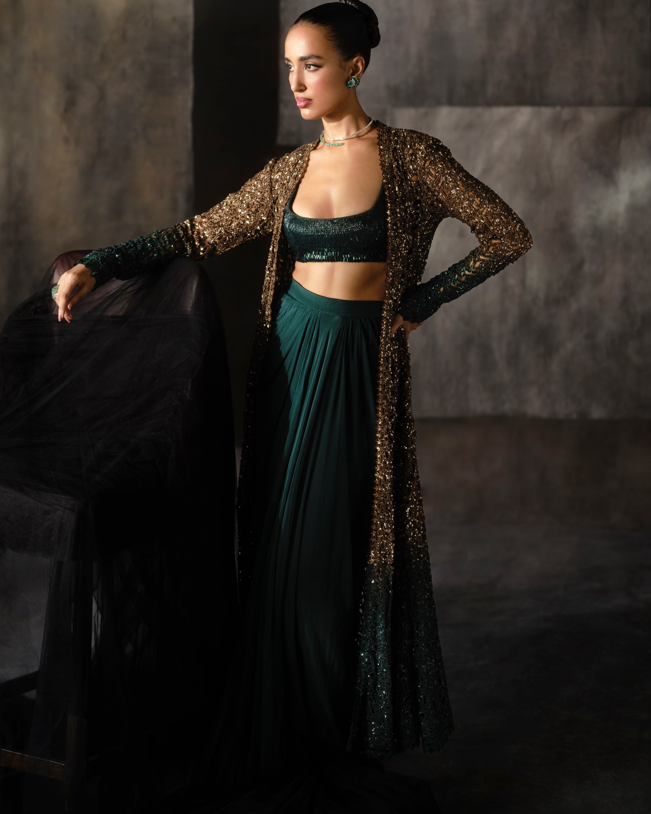 Gold To Green Cutwork Cape Set