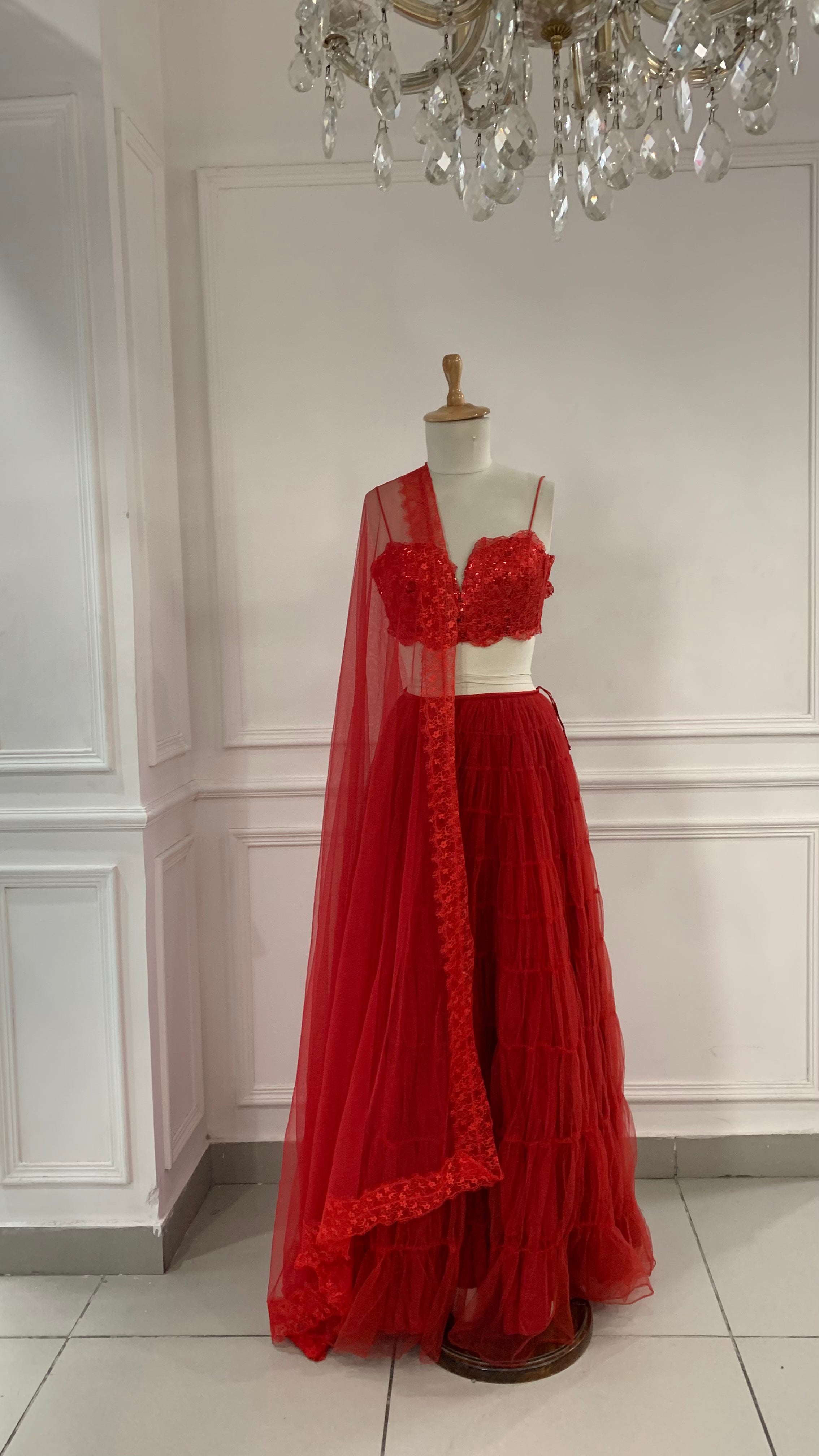Red Tulle Lehenga With Dupatta