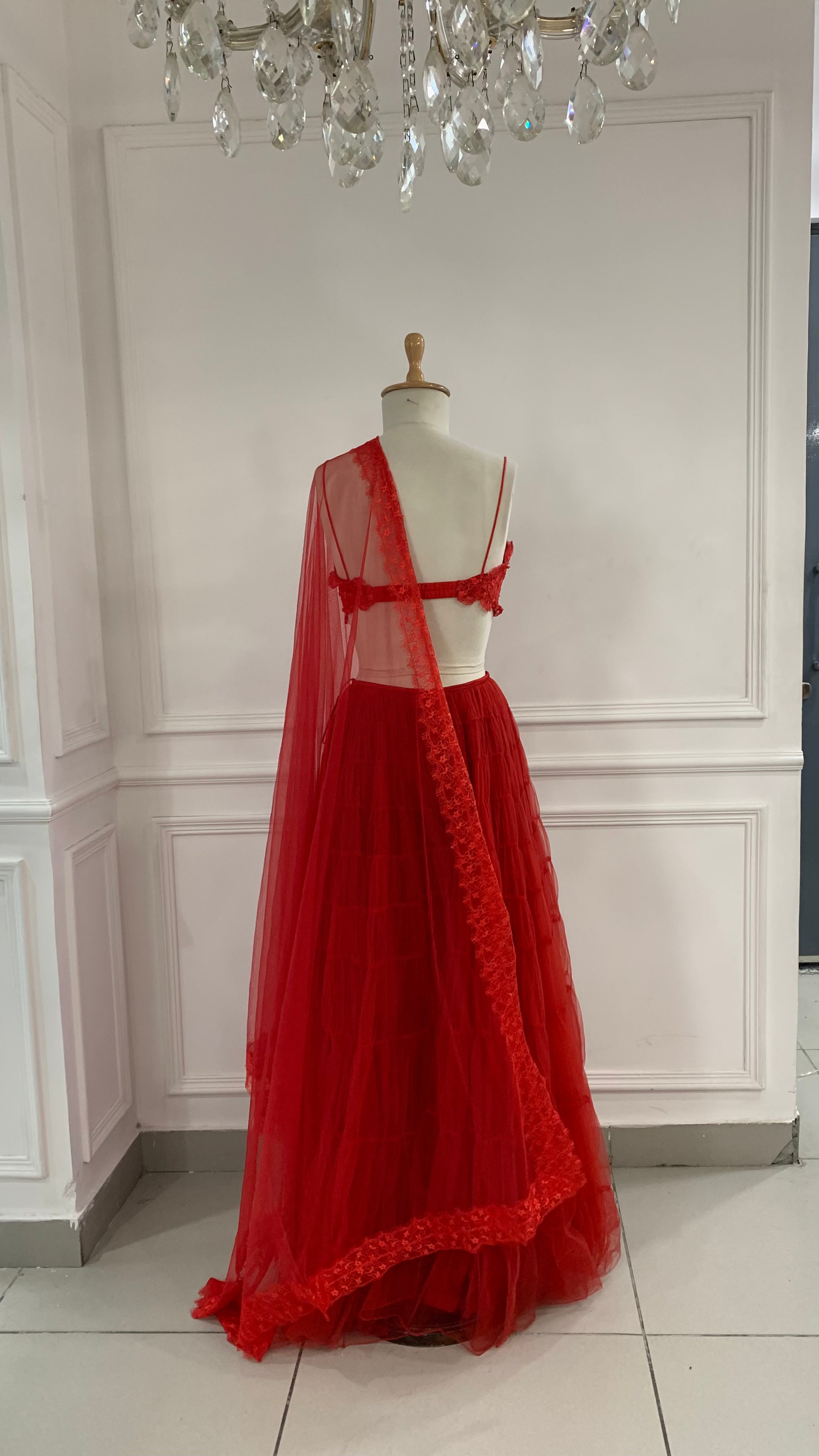 Red Tulle Lehenga With Dupatta