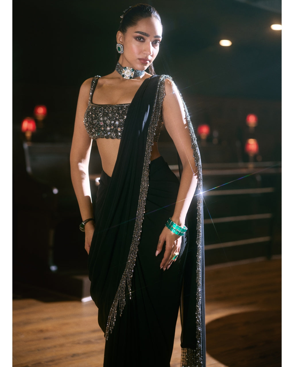 Black Georgette Tassel Sari