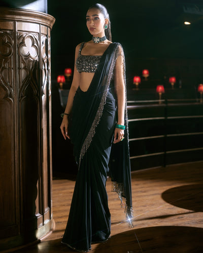 Black Georgette Tassel Sari