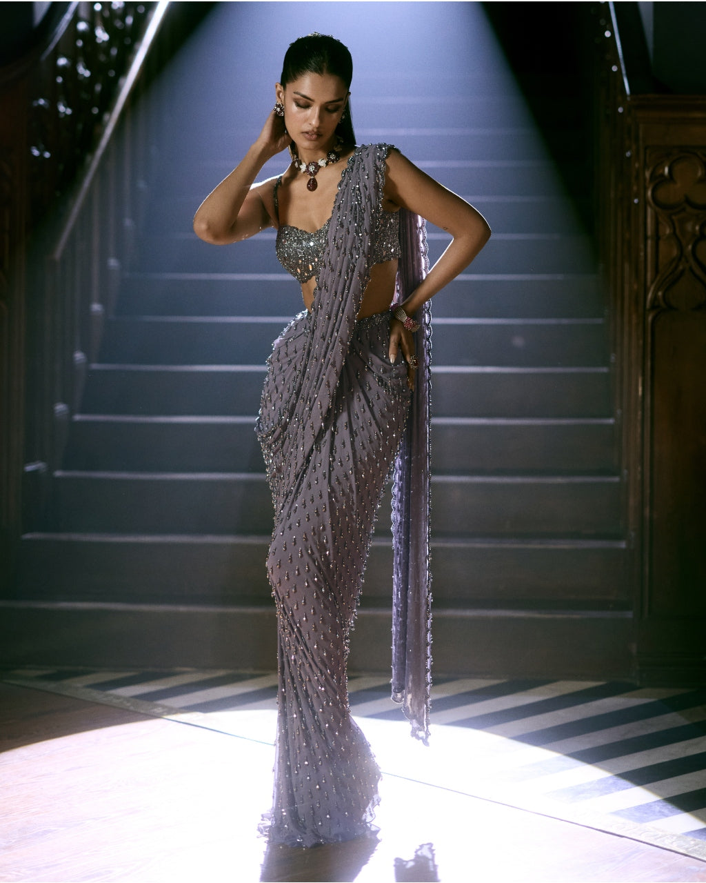 Metallic Grey Single Drop Draped Sari Set