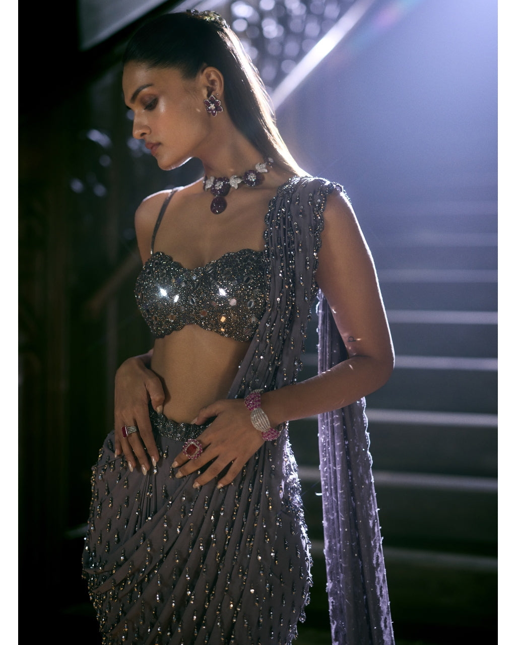 Metallic Grey Single Drop Draped Sari Set