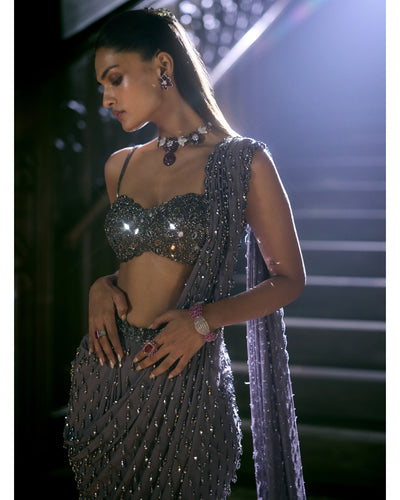 Metallic Grey Single Drop Draped Sari Set
