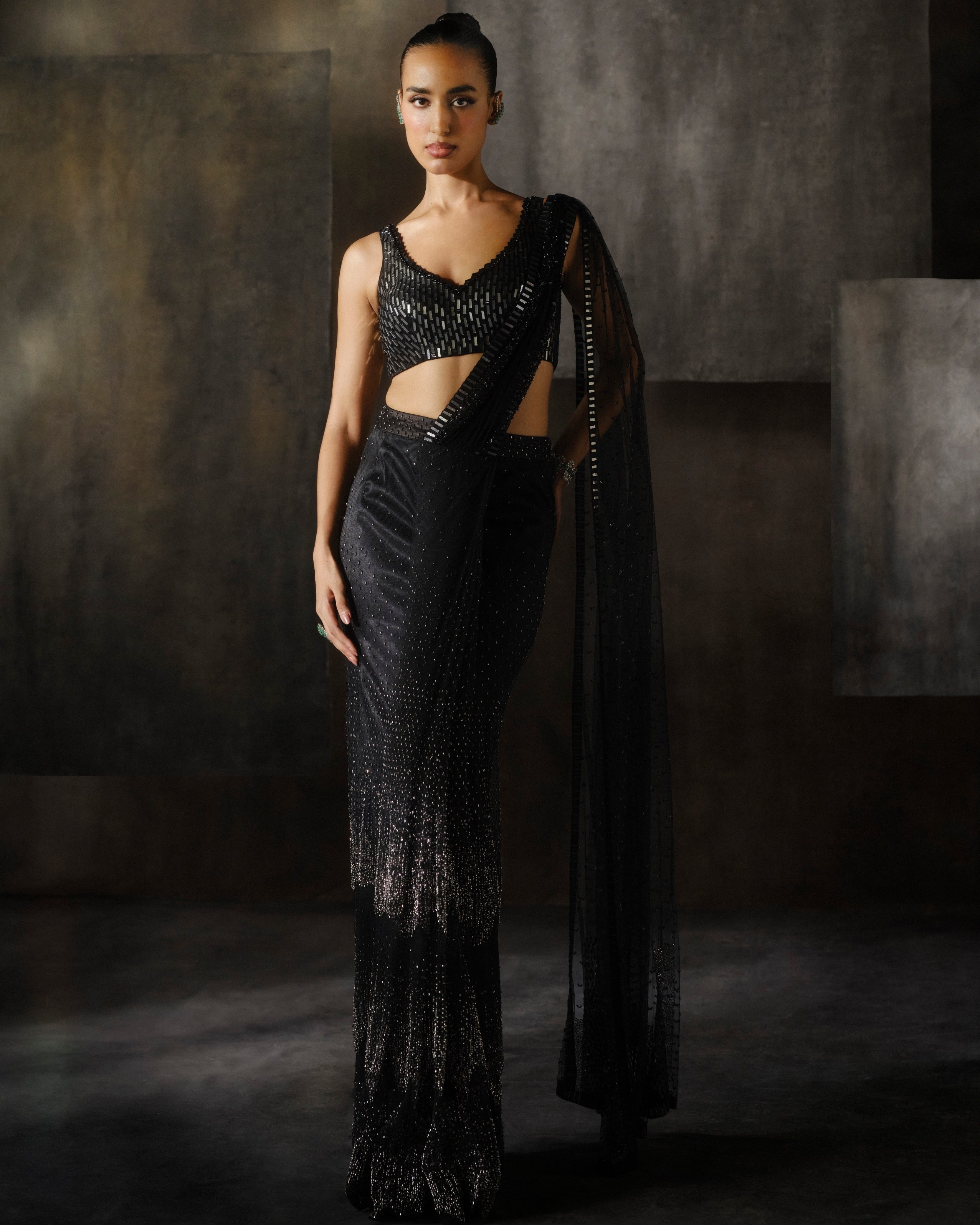 Black Ombré Drape Sari